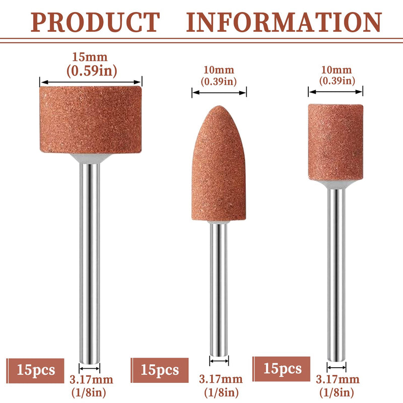Corundum Grinding Point 3 mm Shank Grinding Mandrel Mounted 45 Pieces Grinding Polishing Head Grinding Attachments for Drill Abrasive Grinding Points for 1/8" Shank for Sharpening Grinding Polishing Accessories