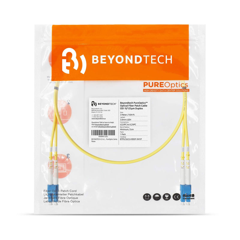 LC to LC Fiber Patch Cable Single Mode Duplex - 3m (9.84ft) - 9/125um OS1 LSZH - Beyondtech PureOptics Cable Series 3m (9ft) LC to LC