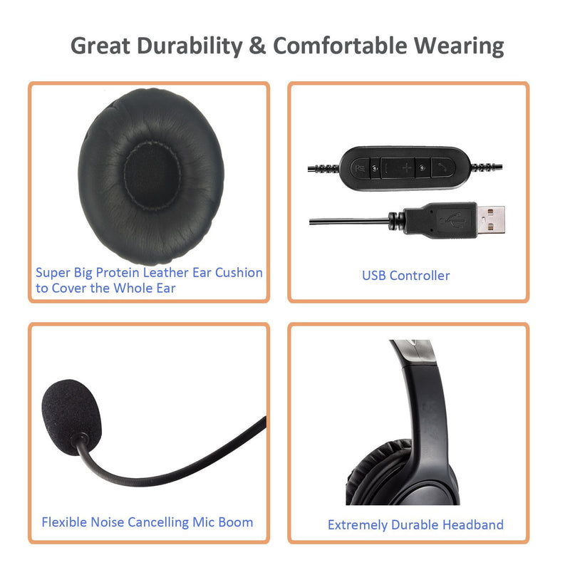 USB Headset with Microphone for Computer Laptop Noise Cancelling Headphone with Dragon Dictation Mic for PC Softphones Microsoft Teams Zoom Chat Online Teaching Webex Conference Calls Remote Office USB Headset with Large Ear Cushion
