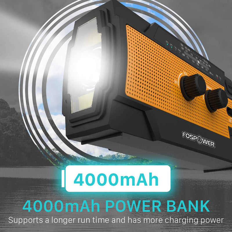 FosPower 4000mAh NOAA Emergency Weather Radio (Model A3) Portable Power Bank, Solar Charging, Hand Crank & Battery Operated, SOS Alarm, Motion Sensor Setting, AM/FM & Flashlight for Outdoor Emergency Orange