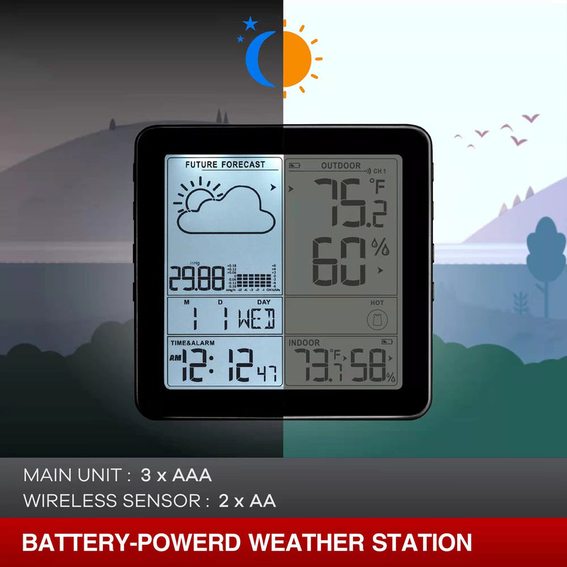 Wittime 2180 Weather Station Indoor Outdoor Thermometer Wireless Hygrometer Wireless Digital Temperature and Humidity Monitor Inside Outside Thermometer for Home with Sensor