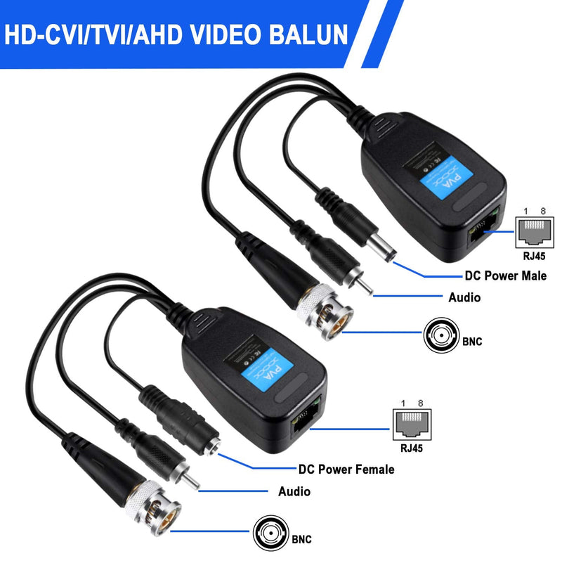 Passive Video Balun Connector 3 Pairs Passive Video Power Balun Audio 960P/1080P/2MP BNC to RJ45 Network Transceiver Cat5e/Cat6 Adapter AHD/TVI/CVI/CVBS for Full HD Surveillance Camera System Balun83
