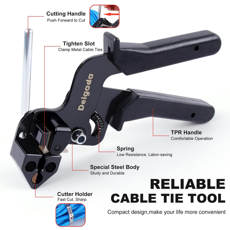 Delgada Cable Tie Gun for Metal Tie Wrap,Tensioning Installation Gun for Stainless Steel Self-Locking Zip Ties,Tie Fasten Plier—Tightening Cutting Width 12mm DG-600