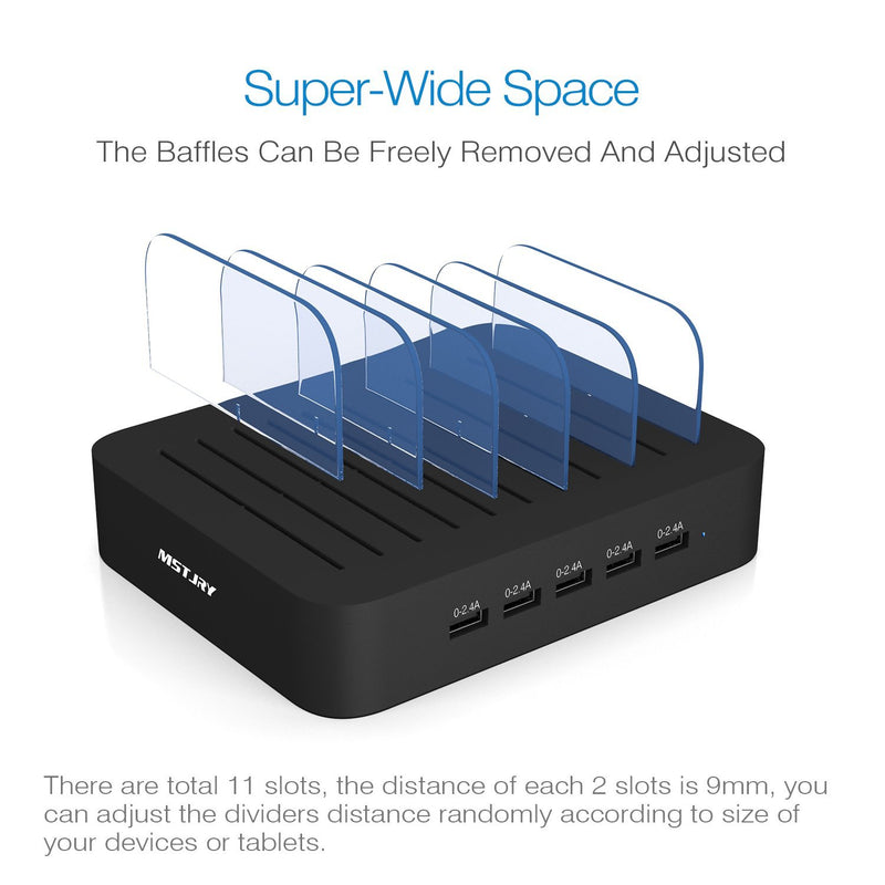 Charging Station for Multiple Devices, MSTJRY USB Charging Station Dock Switch Cell Phone 5 Port Charging Station, Compatible with iPhone iPad Cell Phone Tablets (Black, 5 Short Cables Included) Black