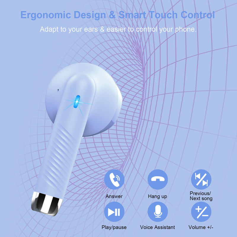 Wireless Earbuds, Bluetooth 5.3 Headphones in Ear with Noise Cancelling Mic, Bluetooth Earbuds Stereo Bass, IP7 Waterproof Sports Earphones, 32H Playtime USB C Charging Ear Buds White for Android iOS Purple