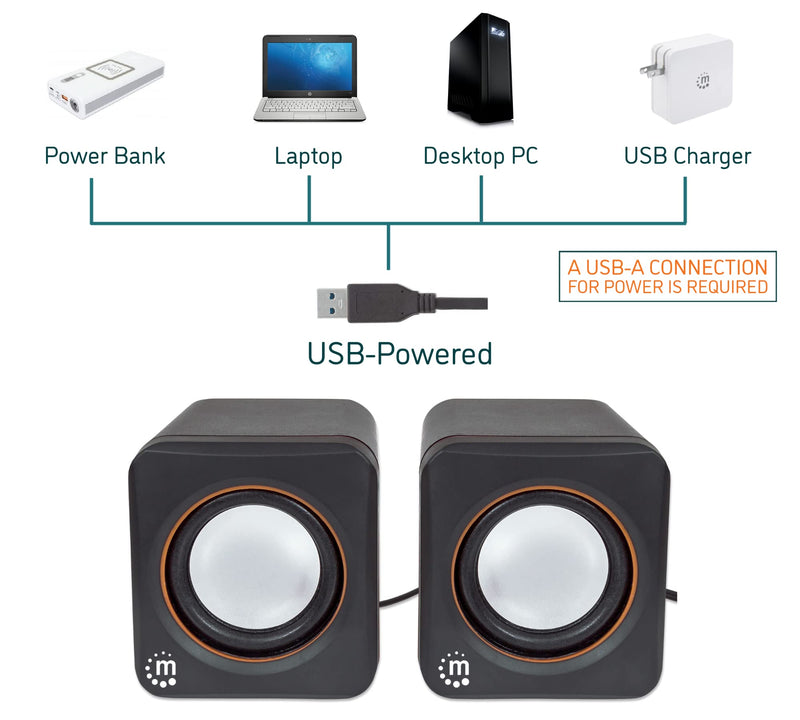 Manhattan USB Powered Stereo Speaker System - Small Size - with Volume Control & 3.5 mm Aux Audio Plug to Connect to Laptop, Notebook, Desktop, Computer - 3 Yr Mfg Warranty - Black Orange, 161435