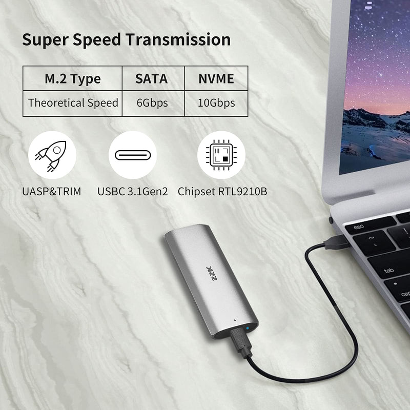 SSK M.2 NVME SATA Tool-Free SSD Enclosure Adapter Reader,RTL9210B Chips USB C 3.1/3.2 Gen 2 10Gbps PCIe,6Gbps SATA MKey/(B+M) Key,External Solid State Drive Case Support UASP Trim for 2242/2260/2280 Silver grey
