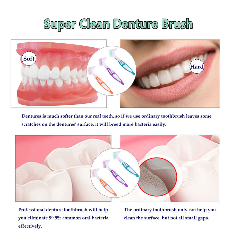 FRUTA 3 Pcs Denture Cleaning Brushes False Teeth Cleaning Brush Denture Double Sided Brush Multi-Layered Bristles Brush Portable Brush for False Teeth, 3 Colors