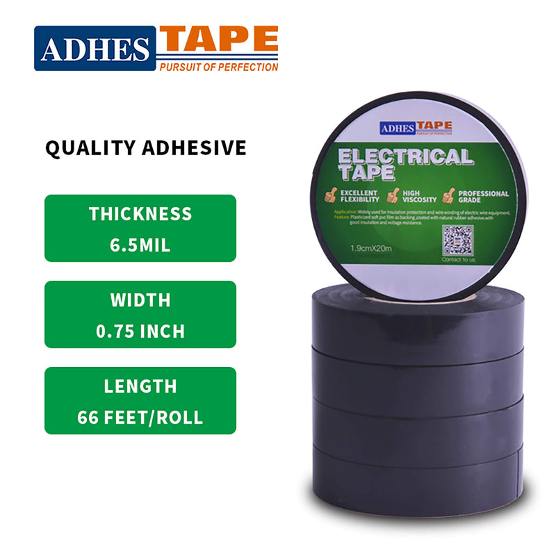 ADHES Electrical Tape Black Electric Tape Strong Adhesive Pass UL Certification 0.75inch by 65.6feet Pack of 5Rolls