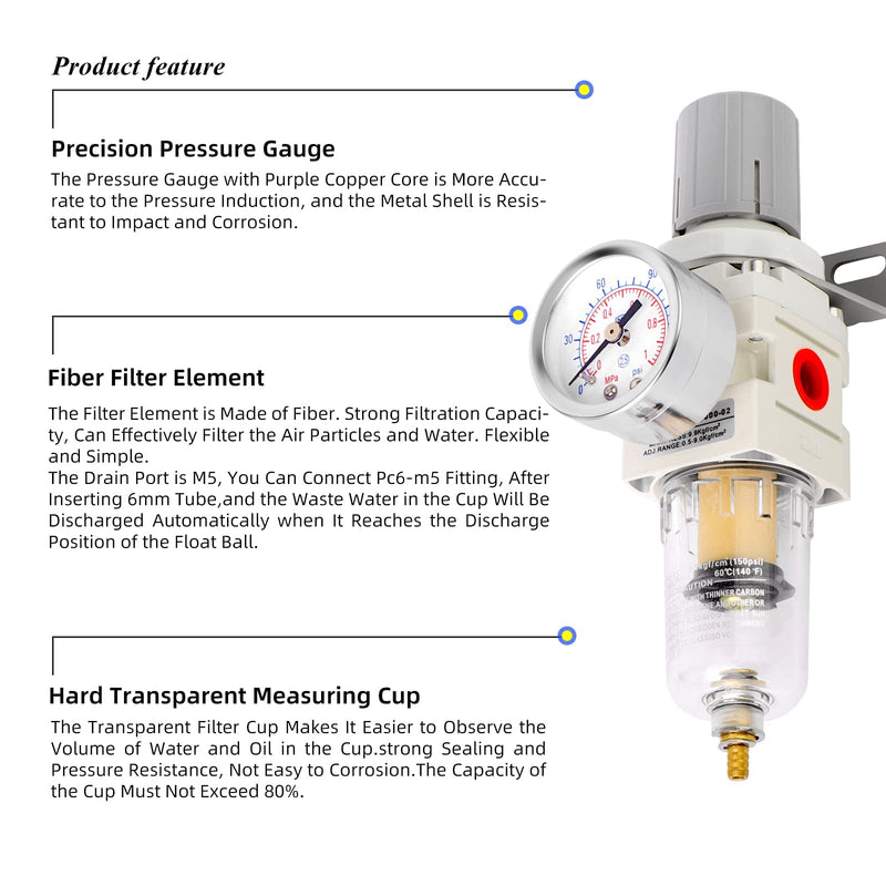 TAILONZ PNEUMATIC 1/4 Inch NPT Air Filter Pressure Regulator Combo Piggyback, Air Tool Compressor Filter with Gauge AW2000-02 1/4"NPT Manual Drainage