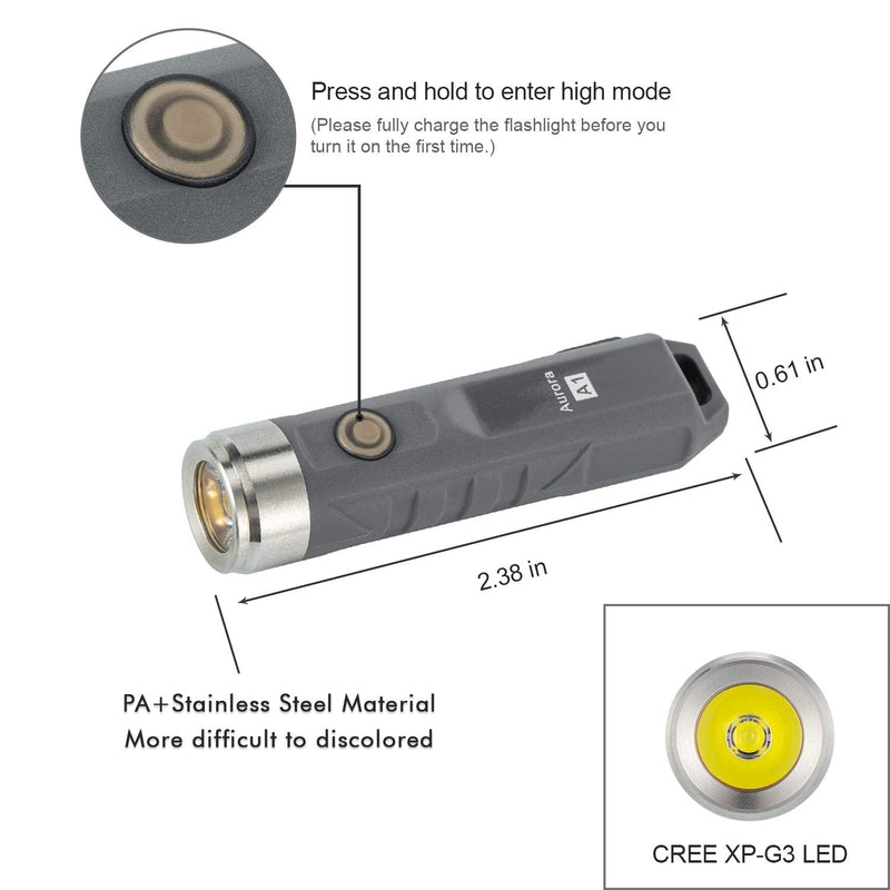 RovyVon Aurora A1x LED Keychain Flashlight, 650 Lumens XP-G3 Super Bright with EDC Pocket-Sized,Micro USB Rechargeable,5 Modes,Water Resisant,Perfect Choice for Camping Emergency Outdoor(Gray) Gray