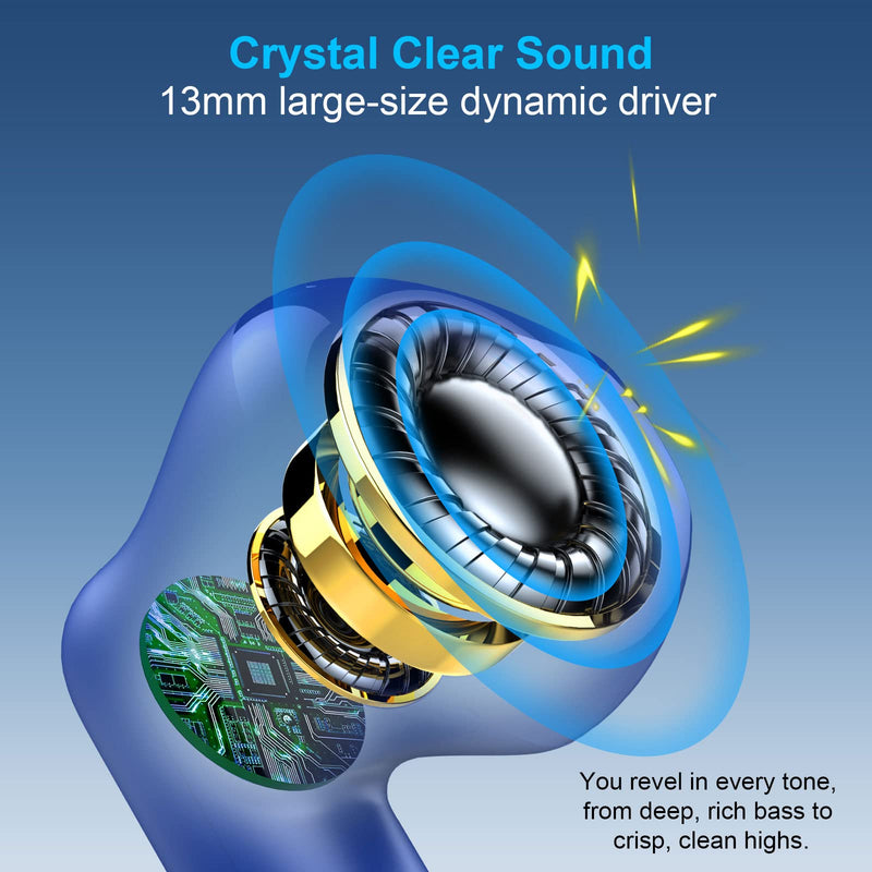 Wireless Earbud, Bluetooth 5.3 Earbud Stereo Bass, Bluetooth Headphones in Ear Noise Cancelling Mic, Earphones I-PX7 Waterproof Sports, 32H Playtime USB C Charging Case Blue Ear Buds for Android iOS dark blue