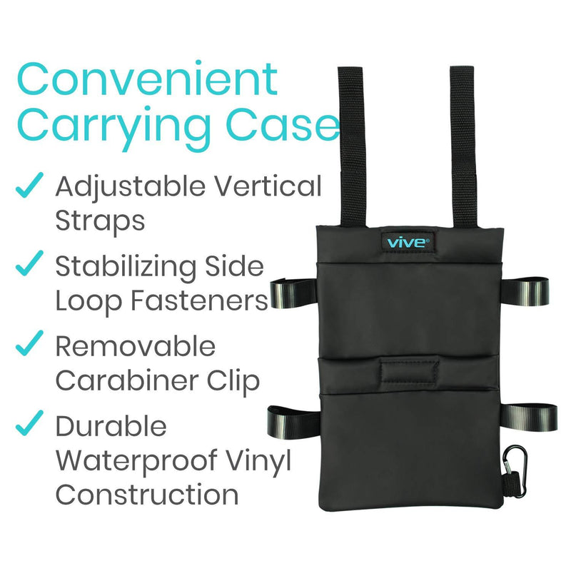 Vive Crutch Pouch - Bag with Foam Hand Grip Pads - Tote for Broken Leg Crutches with Storage Pockets - Ergonomic, Orthopedic, Lightweight Carry On - Medical Forearm Crutch Accessories (Black) Black