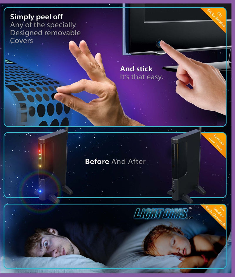 LIGHT DIMS Black Out Edition - Light Blocking LED Covers Routers, Electronics and Appliances and More. Blocks 100% of Light, in Retail Packaging.