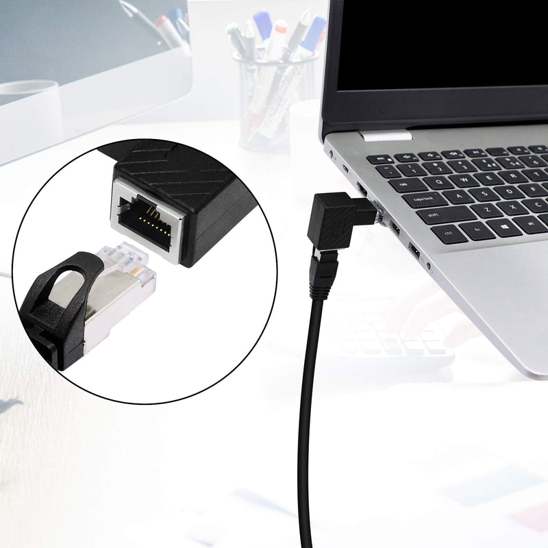 RIIEYOCA Down Angle Ethernet Adapter, 90 Degree RJ45 Male to Female Extension Cat6 LAN Network Connector for Computers, Laptops, Routers(2-Pack) Black(D)