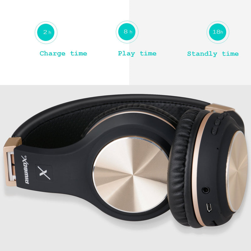 Bluetooth Headphones, Riwbox XBT-80 Folding Stereo Wireless Bluetooth Headphones Over Ear with Microphone and Volume Control, Wireless and Wired Headset for PC/Cell Phones/TV/ipad (Black Gold) Black Gold