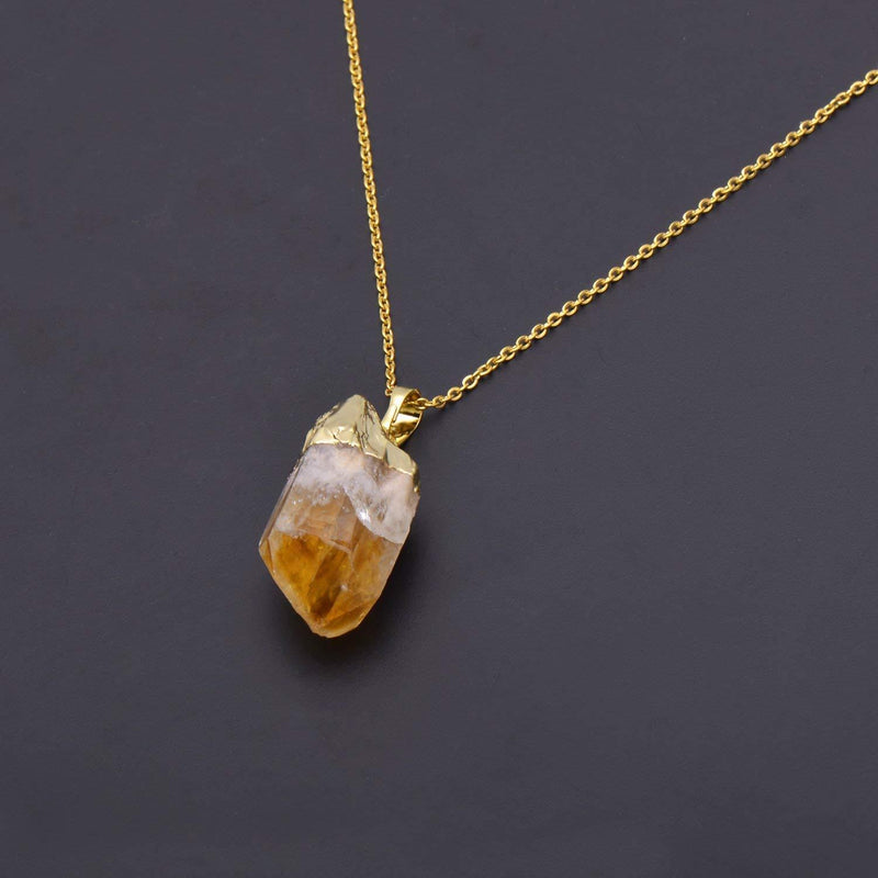 Natural Healing Crystal Yellow Citrine Rough Stone Pendant Necklace, Yellow Gold Tone