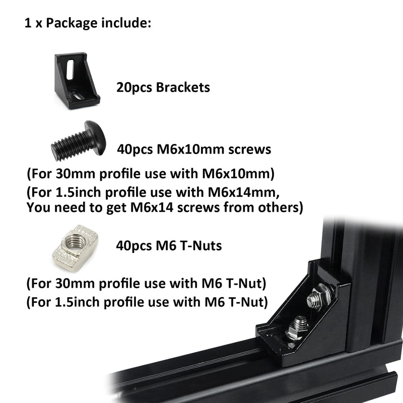3030 Series Aluminum Profile Connector Set, 20pcs Black Corner Bracket, 40pcs M6 T Nuts and M6X10 Hex Screw Bolt for 30S 30X30 Aluminum Extrusion Profiles Rail Accessories