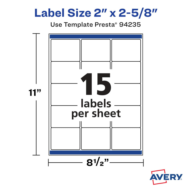 Avery Matte White Rectangle Labels with Sure Feed, 2" x 2-5/8", 375 Matte White Printable Labels 375 Labels