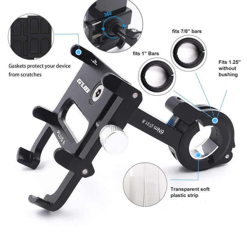 GUB Bicycle & Motorcycle Phone Mount, Aluminum Bike Phone Holder Mount with 360° Rotation for iPhone 11 12 Pro Max Mini X XR Xs 8 Plus, Samsung S20 S10 Note20/10/9/8 4-7 Inch - Upgraded black