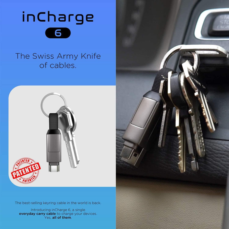 inCharge 6 - The Six-in-One Swiss Army Knife of Cables, Portable Keyring Compatible with Apple iPhone/USB/USB-C/Micro USB Cable for All of Your Devices (Saturn Gold) Saturn Gold