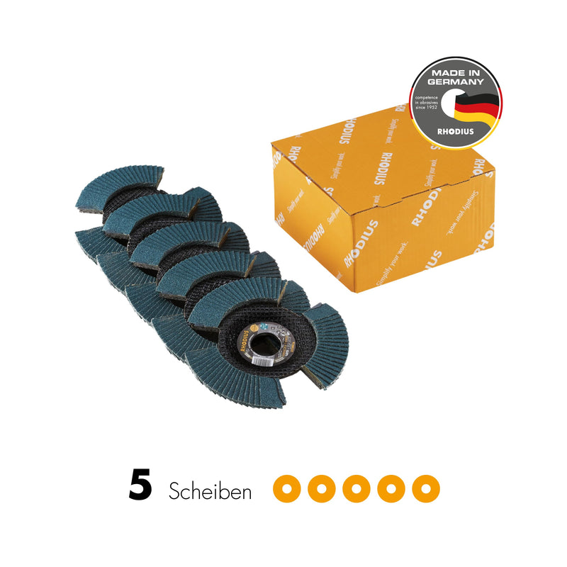 RHODIUS VISION PRO, 5 pieces Ø 125 mm K80 flap discs, transparent, made in Germany, metal stainless steel INOX, for angle grinders, grinding discs, flap discs Ø125 K80