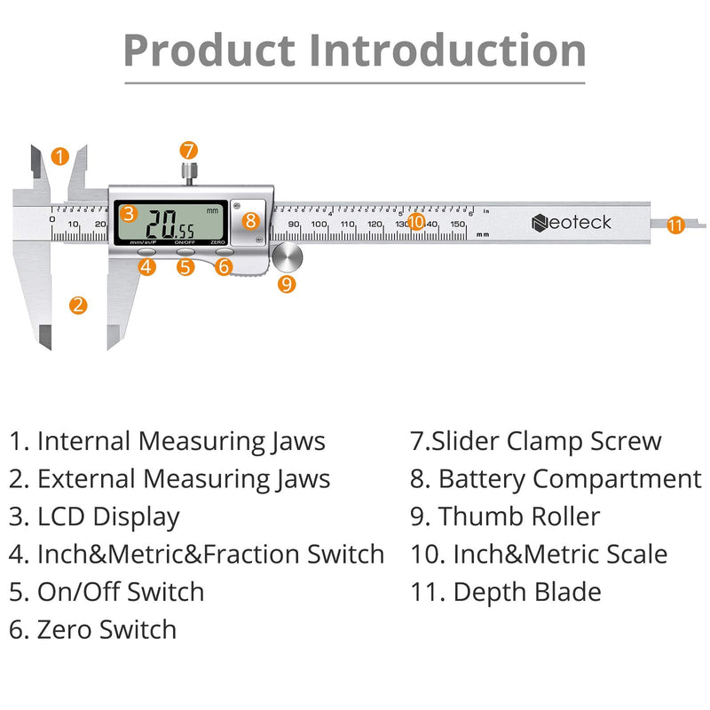 Neoteck 6 inch Digital Caliper and Feeler Gauge Set, Stainless Steel Electronic Vernier Caliper Fractions/inch/Metric Conversion