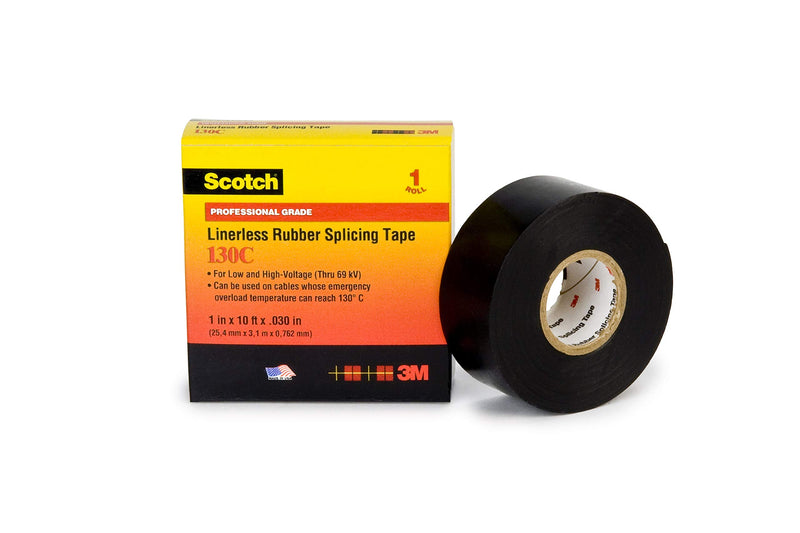 Scotch Linerless Electrical Splicing Tape 130C for Wires and Cables, 1 in x 10 ft, Rubber Backing, Self Fusing, UV Resistance, Highly Conformable, Moisture Seal, Black, 1 Roll