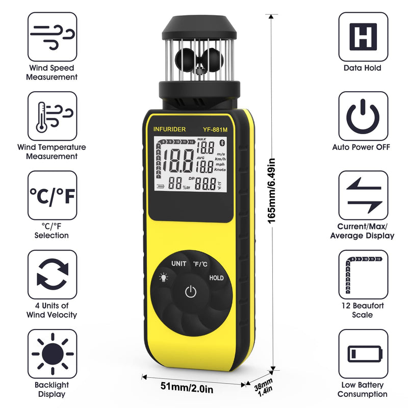 Anemometer Handheld Wind Meter Digital, INFURIDER YF-881M Cup Style Wind Gauge Wind Speed Meter for Measuring Wind Speed/Temperature with Compass, Wind Meter for HVAC Shooting Drone