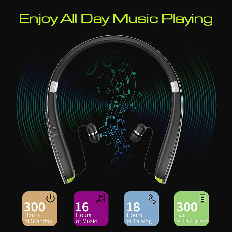Bluetooth Headset, 2022 Upgraded Neckband Bluetooth Headphones with Retractable Earbuds, Noise Cancelling Stereo Earphones with Mic, Foldable Wireless Headphones for Sports Office with Carry Case Black
