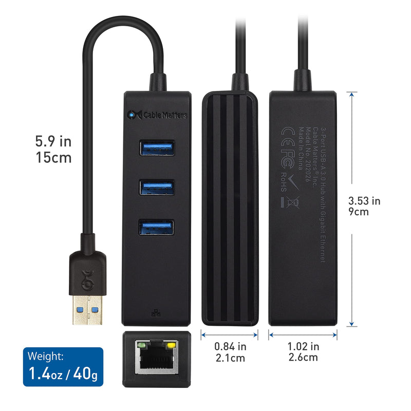Cable Matters 3 Port USB 3.0 Hub with Ethernet (USB Hub with Ethernet, Gigabit Ethernet USB Hub ) Supporting 10/100/1000 Mbps Ethernet Network in Black