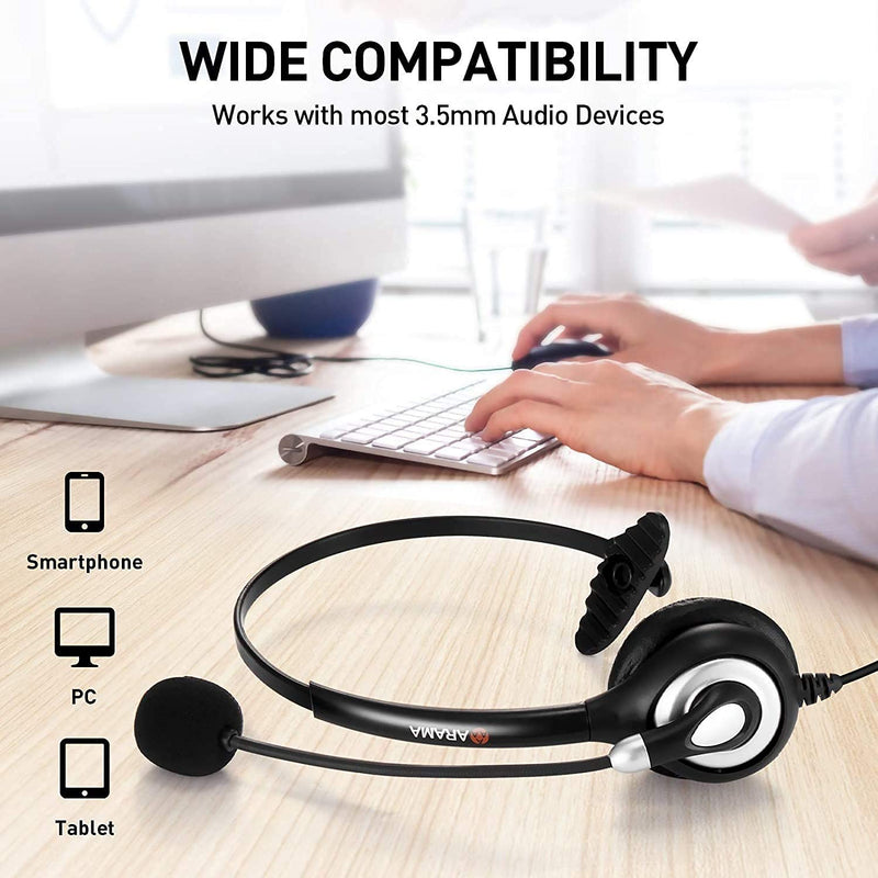Arama Cell Phone Headset with Microphone Noise Cancelling & Call Controls 3.5mm Computer Headphone for iPhone, Android, Laptop, PC, Call Center Office, Business Skype Softphone Mono-A600