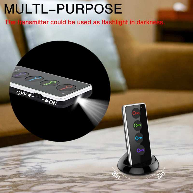 FindKey Key Finder, Wireless Key RF Locator Item Anti-Lost Tag Alarm Reminder Tracker Remote Finder,1 RF Transmitter 4 Receivers,Phone Pets Keychain Wallet Luggage Pet Cat Dog Tracking Tracker