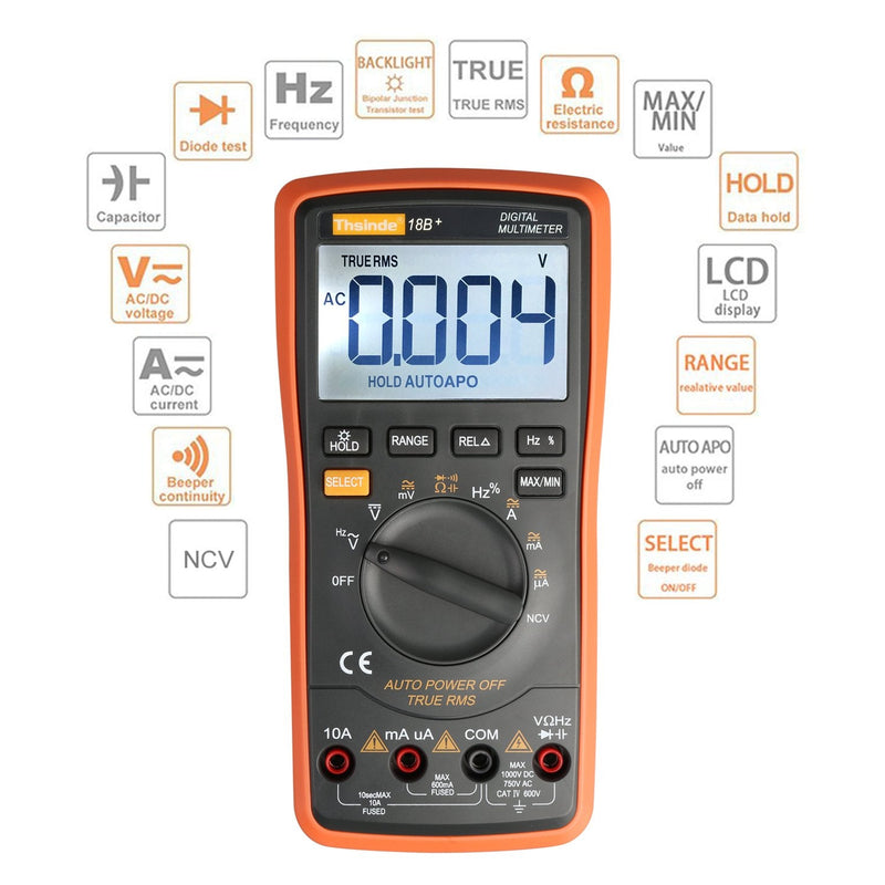 Auto Ranging Digital Multimeter TRMS 6000 with Battery Alligator Clips Test Leads AC/DC Voltage/Account,Voltage Alert, Amp/Ohm/Volt Multi Tester/Diode Orange