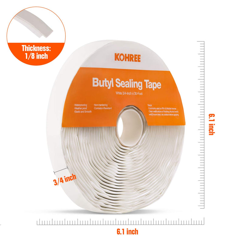 Kohree Butyl Seal Tape RV Putty Rubber Sealant Tape White, 1/8-Inch x 3/4-Inch x 30-Foot, Leak Proof Butal Tape for RV Repair, Window, Boat Sealing, Glass and EDPM Rubber Roof Patching