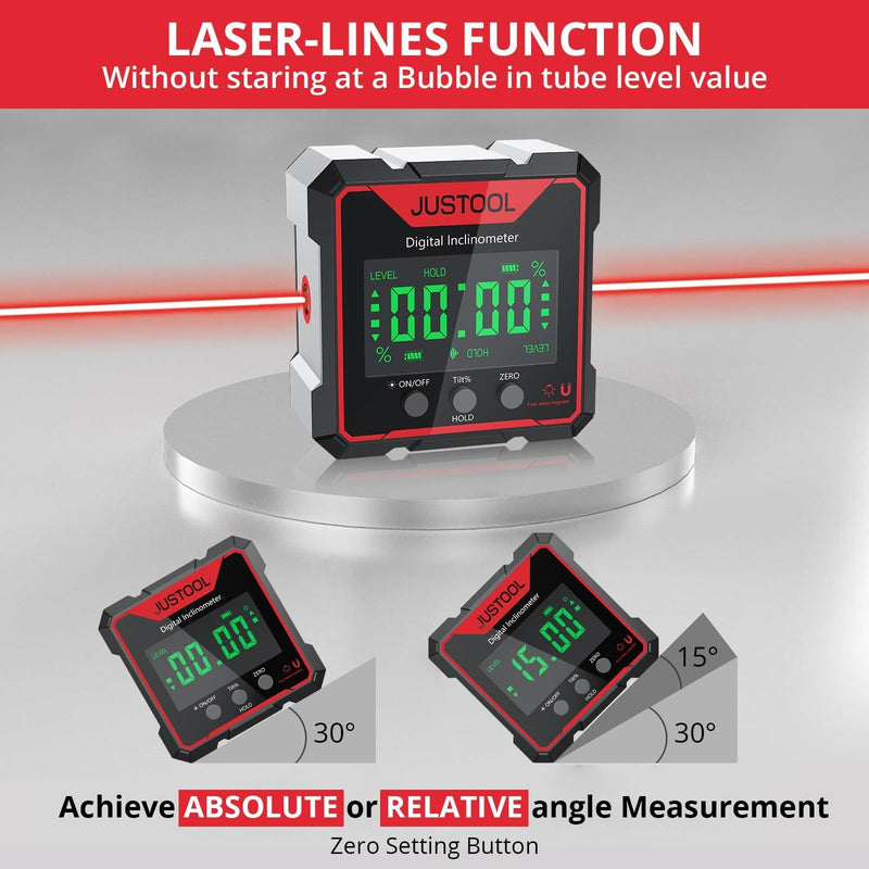 JUSTOOL Digital LCD Protractor Inclinometer Inclinometer Laser Angle Measuring Device Spirit Level IP54 Waterproof Level Box 4-Sided Magnetic Leveling Box Bevel Box with Type-C Charging Cable