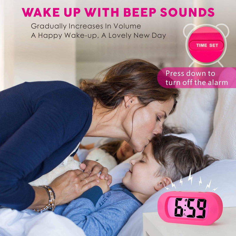 Kids Alarm Clock - Plumeet Large Digital LCD Travel Alarm Clocks with Snooze and Night Light - Ascending Sound and Handheld Sized - Best Gift for Kids (Pink) Pink