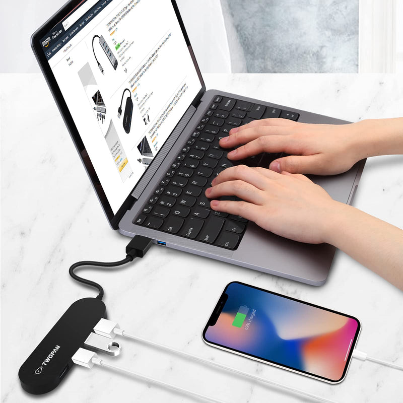 TWOPAN USB Sliptter HUB 3.0 Adapter 4-Port USB A Adapter High Speed Ports Ultra Slim Mini USB Hub with an Extra USB C Adapter for Desktop, Computer Laptop/ T2-A Black A