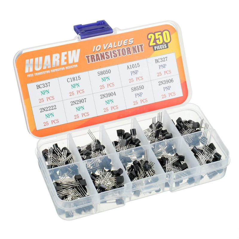 HUAREW 10 Values 250 Pcs Transistors NPN BC337 C1815 S8050 2N2222 2N2907 2N3904 PNP A1015 BC327 S8550 2N3906 BJT Bipolar Junction Transistor Assortment Kit
