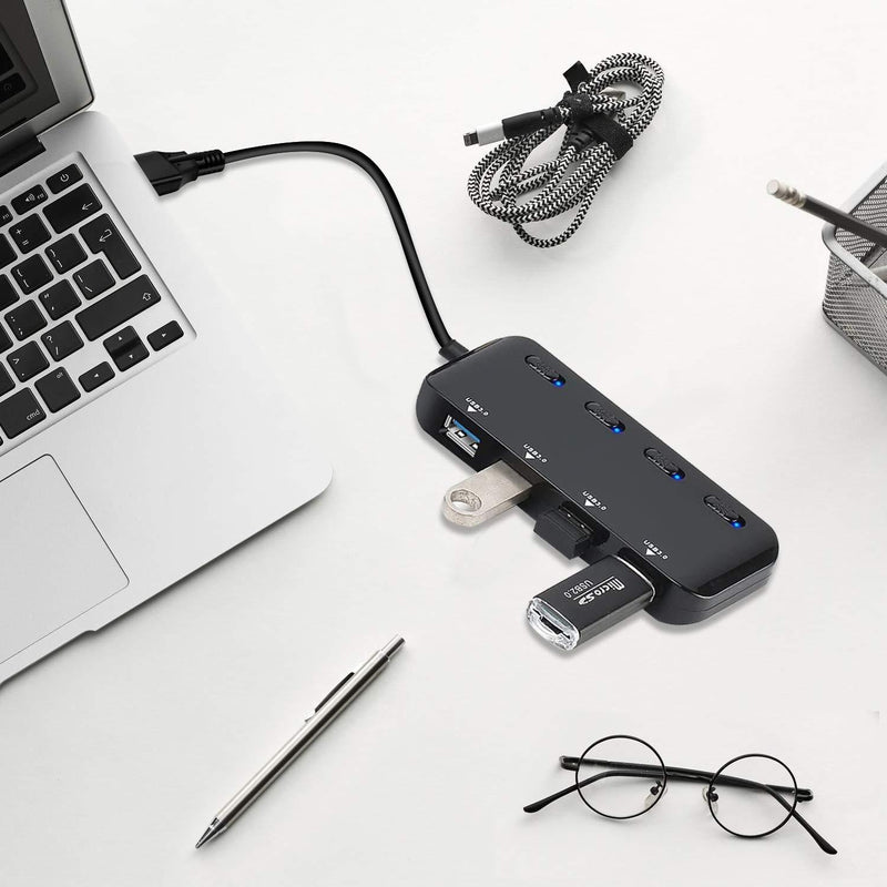 4-Port USB 3.0 Hub with Individual Power Switches and Lights, High-Speed Data Hub Splitter Portable USB Extension Hub for PC Laptop and More (No Power Adapter)