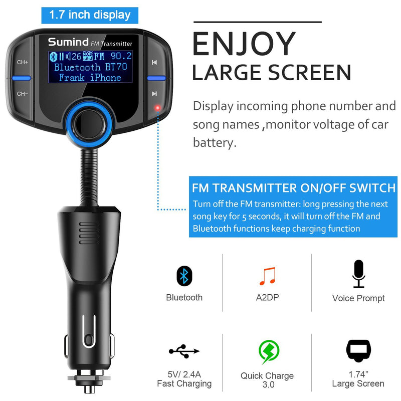 (Upgraded Version) Bluetooth FM Transmitter, Sumind Wireless Radio Adapter Hands-Free Car Kit with 1.7 Inch Display, QC3.0 and Smart 2.4A Dual USB Ports, AUX Input/Output, TF Card Mp3 Player Black