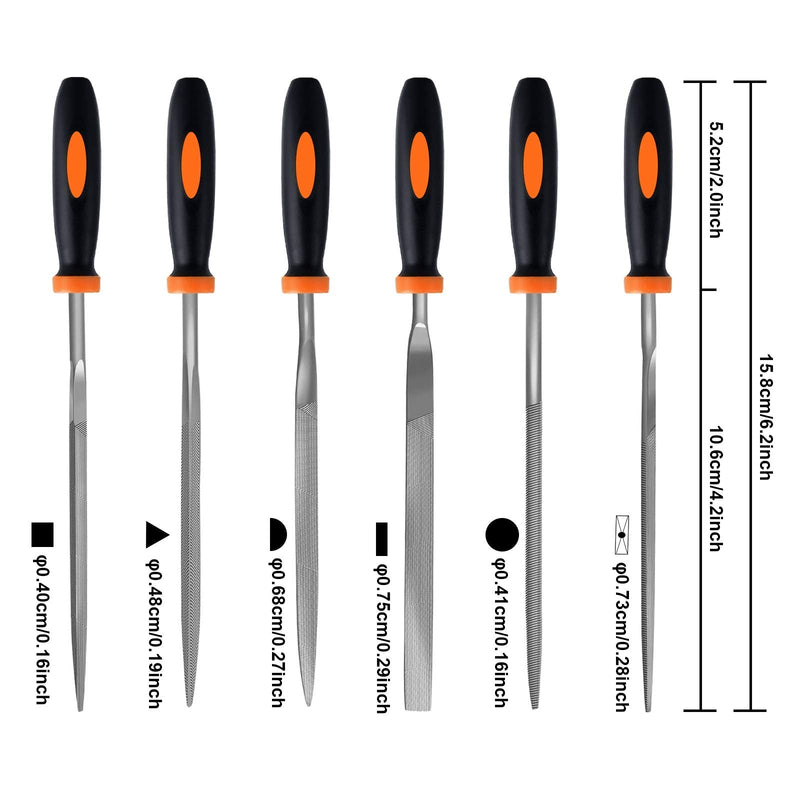 Preciva file set, workshop file set, 6 pieces. File set, file set including flat file, half round, round file, needle file for workshop DIY for rough machining and roughing orange