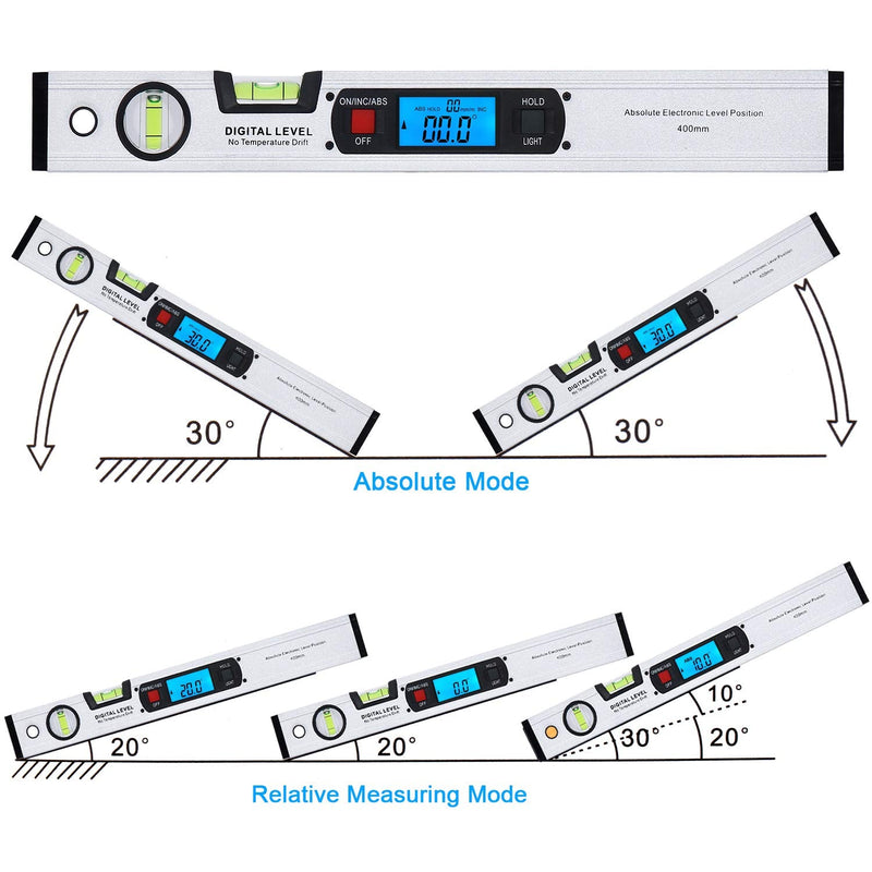 Inclinometer, RISEPRO Digital Inclinometer Angle Finder Gauge Spirit Level Upright Magnet 360° Range 416mm Long with Backlight 82112 S