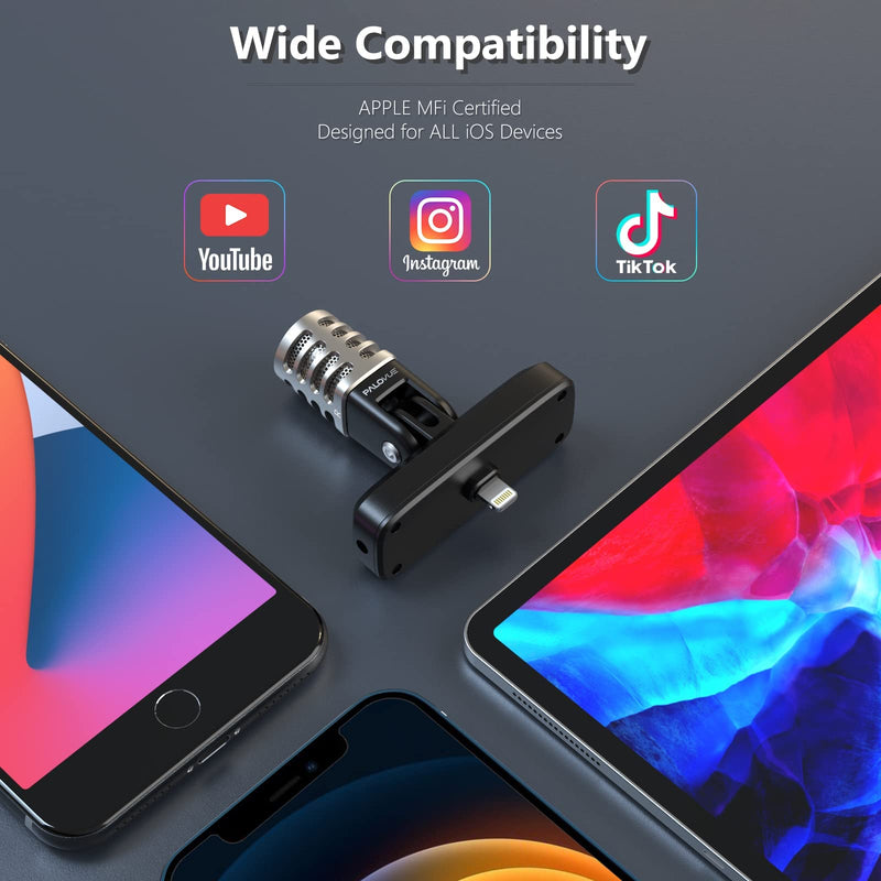 PALOVUE Portable MFi Certified Microphone with Lightning Connector for iPhone iPad, Professional Digital Stereo Cardioid Condenser Mic with Charging Port and 3.5mm Headphones Jack for Recording