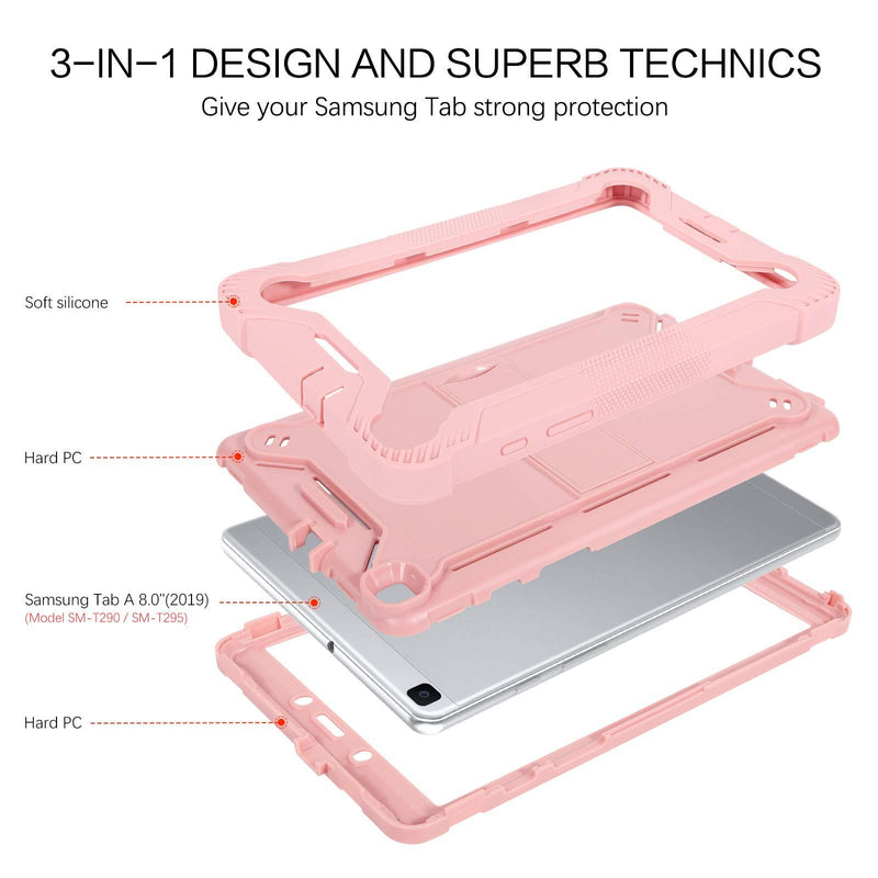 BENTOBEN Galaxy Tab A 8.0 Case 2019 Model SM-T290/T295, 3 in 1 Heavy Duty Shockproof Rugged Hybrid Hard Soft Bumper Drop Protective Tablet Case with Kickstand for Samsung Galaxy Tab A 8.0 2019, Pink