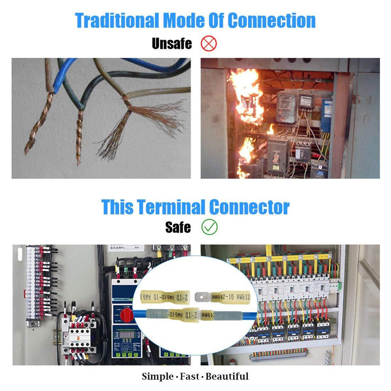 Glarks 100pcs 12-10 Gauge Fully Insulated Female/Male Spade Nylon Heat Shrink Waterproof Quick Disconnect Electrical Insulated Crimp Terminals Connectors Assortment Kit Yellow