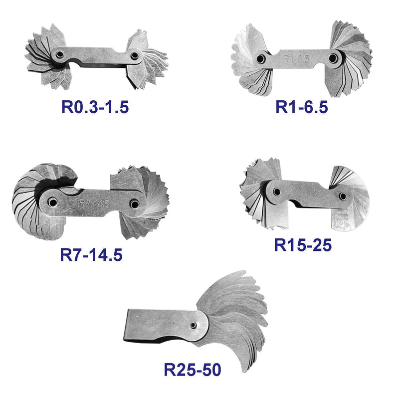 5Pcs Stainless Steel Radius Gauge, Portable Concave Convex External Internal Arc Measuring Tool Radius Fillet Gauge Set R0.3-1.5/ R1-6.5/ R7-14.5/ R15-25/ R25-50