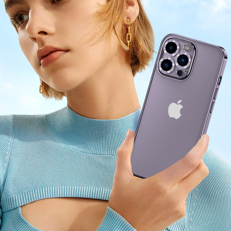 Suoman for iPhone 14 Pro 6.1 inch /14 Pro Max 6.7 inch Camera Lens Protector, Set with Diamonds Bling Camera Cover Tempered Glass for iPhone 14 Pro Max /14 Pro [Perfectly Fit] - Diamond Purple Diamond-Purple