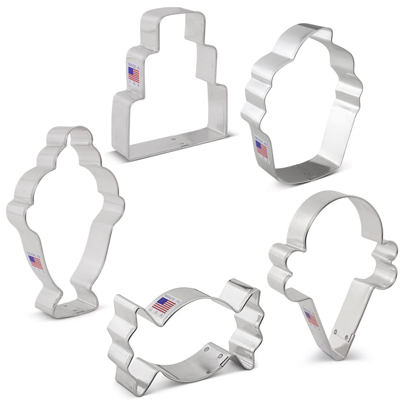 Ann Clark Cookie Cutters 5-Piece Candy and Sweets Cookie Cutter Set with Recipe Booklet, Candy, Cupcake, Ice Cream Cone, Cake, Ice Cream Sundae
