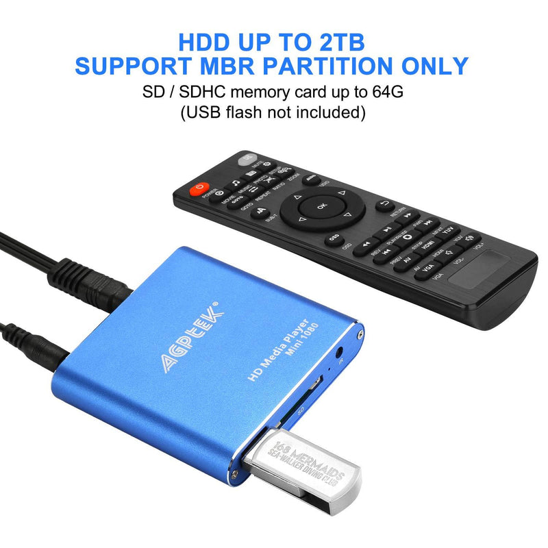 HDMI Media Player, Blue Mini 1080p Full-HD Ultra HDMI MP4 Player for -MKV / RM/ MP4 / AVI etc- HDD USB Flash Drive/HDD and SD Card